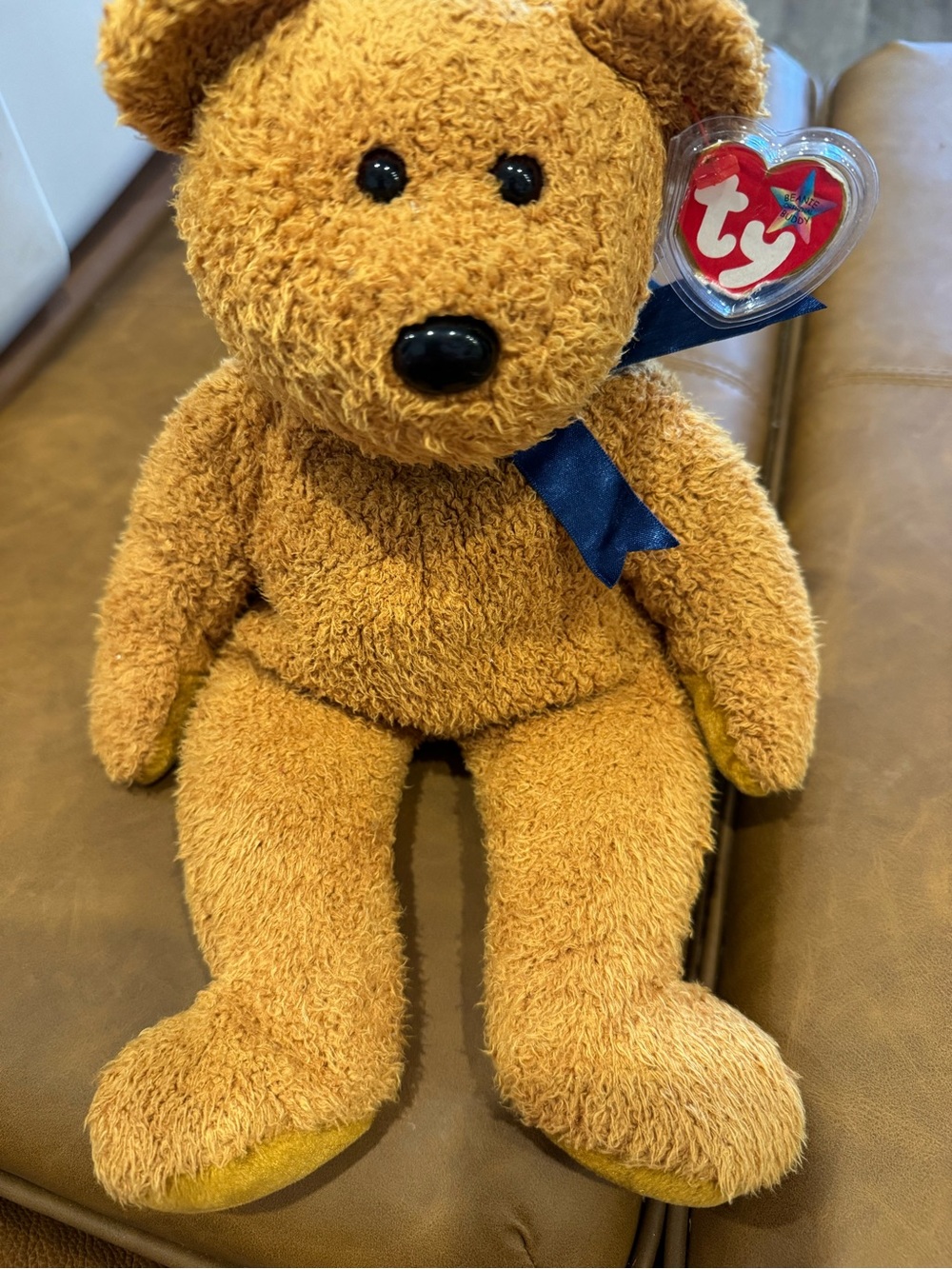 Ty beanie buddy Brown Plush Teddy Bear with Navy Ribbon